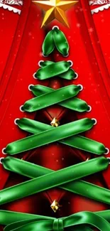 Red and green Christmas tree wallpaper with star top.