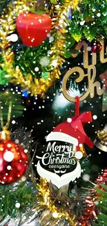 Vibrant Christmas tree with festive decorations and Merry Christmas sign.