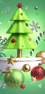 Festive green Christmas tree wallpaper with ornaments and candy canes.