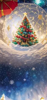 Christmas tree with gifts under a starlit sky in a snowy holiday setting.