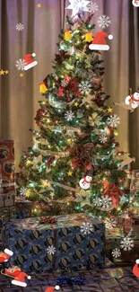 A Christmas tree with lights and presents in a cozy room.