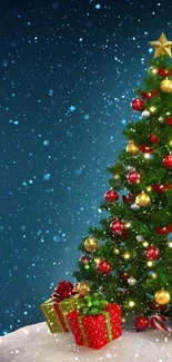 Christmas tree with gifts and snowflakes on a dark blue background.