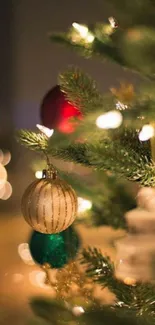 Festive Christmas tree with ornaments and warm lights.