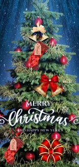 Festive Christmas tree with red ornaments and holiday greeting.