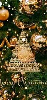 Festive Christmas tree with gold decorations and lights.