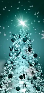 Christmas tree with snowflakes and teal background.