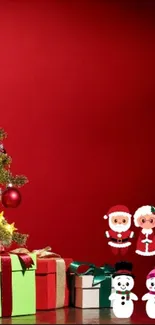 Christmas tree and gifts with cartoon characters on a red background.