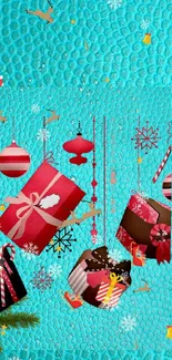 Christmas tree and gifts on a turquoise background wallpaper.