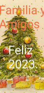 Watercolor Christmas tree with gifts and Feliz 2023 message.