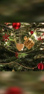 Christmas tree with red and gold ornaments.