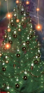 A beautiful Christmas tree adorned with glowing lights and ornaments.