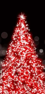 Red Christmas tree with glowing lights.