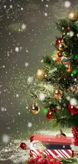 Christmas tree wallpaper with ornaments and snowfall effect.