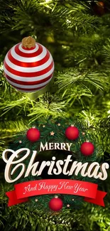 Christmas tree wallpaper with festive ornaments and holiday greeting.