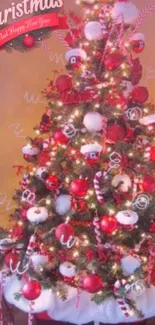 Festive Christmas tree with red ornaments.