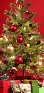 Colorful Christmas tree with gifts and red background.