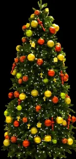 Festive Christmas tree with ornaments and lights on a dark background.