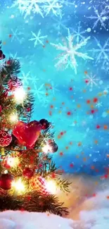 Colorful Christmas tree with lights and snowflakes on a blue background.