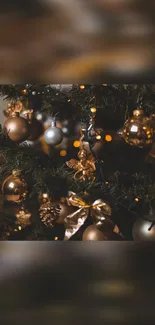 Festive Christmas tree with golden ornaments and glowing lights.