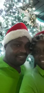 Festive Christmas scene with tree and hats.