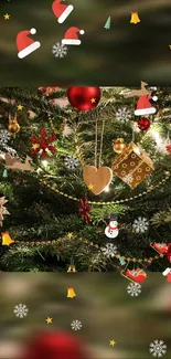 Festive Christmas tree with ornaments and snowflakes on a decorative wallpaper.