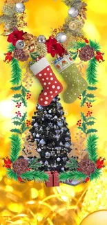 Festive Christmas tree with stockings on a golden background wallpaper.