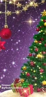 Festive Christmas tree with ornaments and gifts on purple background.