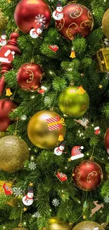 Decorative Christmas tree with gold, red, and green ornaments enhancing holiday spirit.