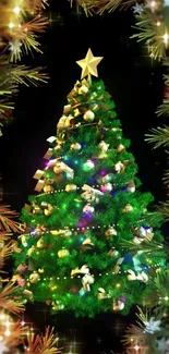 Vibrant Christmas tree with lights and golden decorations for mobile wallpaper.