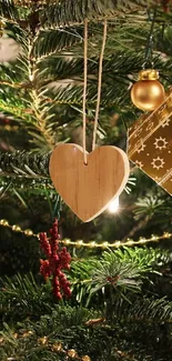 Festive Christmas tree with ornaments and a wooden heart decoration.