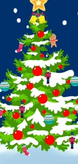 Festive cartoon Christmas tree with decorations.