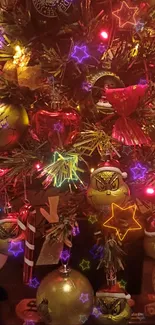 Festive Christmas tree with colorful lights and ornaments, glowing in golden tones.