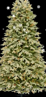 Beautifully decorated Christmas tree with snowflakes, on a dark background.