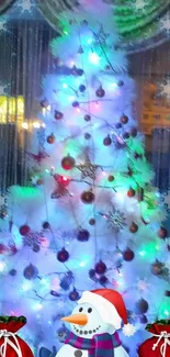 Vibrant Christmas tree with colorful lights and a snowman in front.