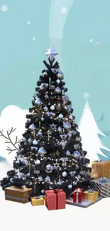 Decorated Christmas tree with gifts in winter scene.