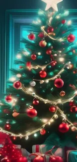 Beautiful Christmas tree with ornaments and lights glowing brightly.