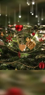 Christmas tree with red and gold ornaments wallpaper.