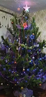 A beautifully decorated Christmas tree with lights and ornaments indoors.