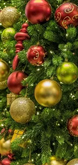 A festive Christmas tree with colorful ornaments and sparkling lights.