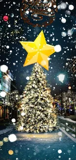 Festive Christmas tree with glowing star in snowy street scene.