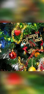 Merry Christmas theme with tree decorations in vibrant colors.