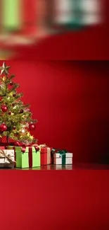 Christmas tree with gifts on red background.