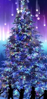 Festive Christmas tree with colorful lights against a starry night sky.