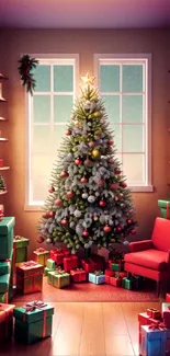 Festive Christmas tree with gifts and cozy room decor.