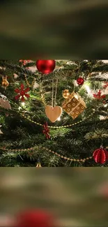 Christmas tree with ornaments and lights in festive decor.