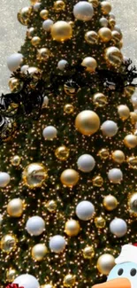 Christmas tree with gold ornaments and Santa's sleigh.