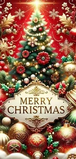 Vibrant Christmas tree with ornaments and Merry Christmas text.