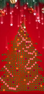 Bright Christmas tree mobile wallpaper with stars and ornaments.