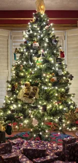 Christmas tree decorated with lights and presents underneath.