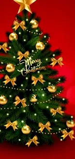 Vibrant Christmas tree with golden decor and Merry Christmas text.